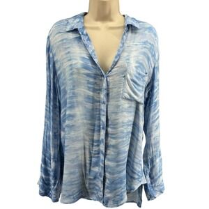 Anthropologie Cloth & Stone Blue Cloud Print Button Down Roll Tab Top Sz M